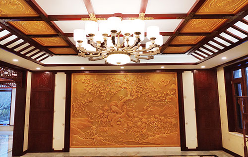 麦积中式别墅客厅中式木作横梁吊顶装饰展示